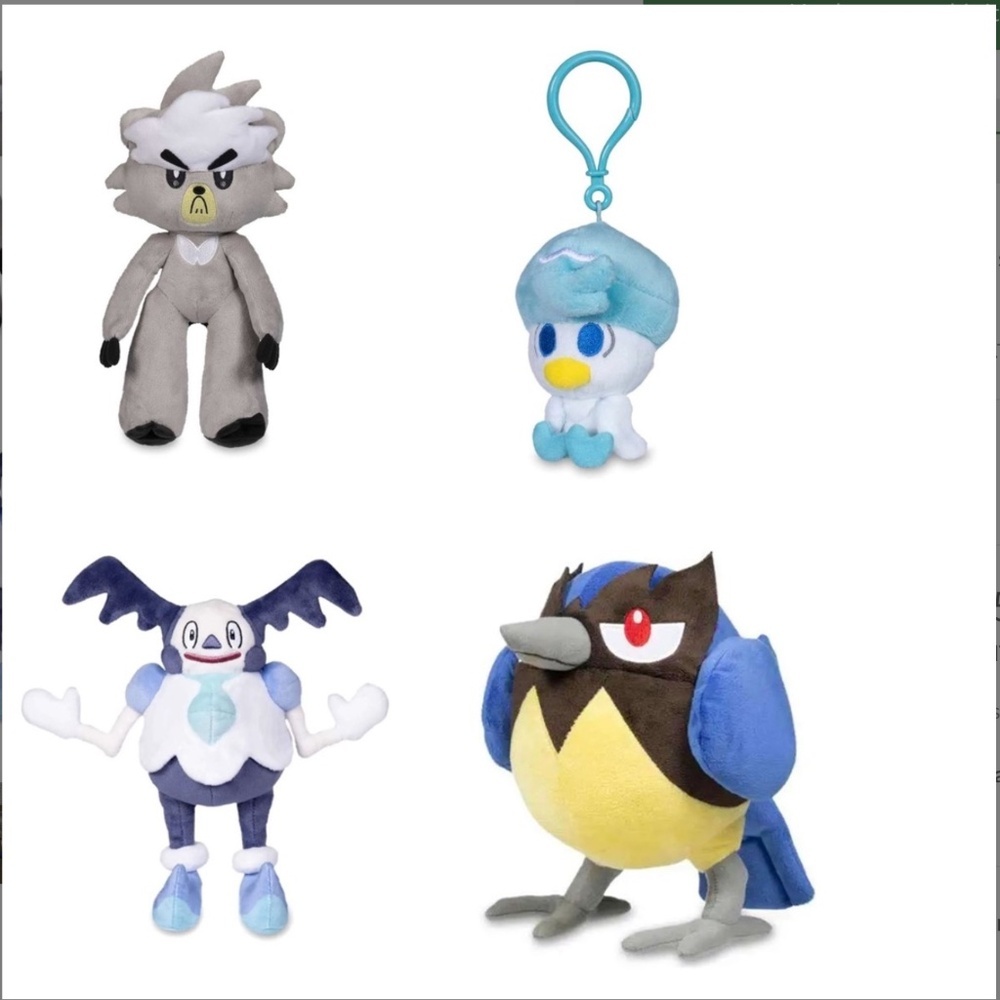 Pokémon Plush Set (Brand New) – Kubfu, Mr. Rime, Bombirdier + Quaxly Keychain